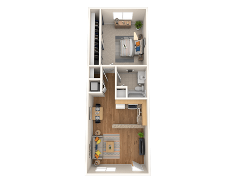A top-down view of a small apartment with a kitchen, living room, and bathroom.
